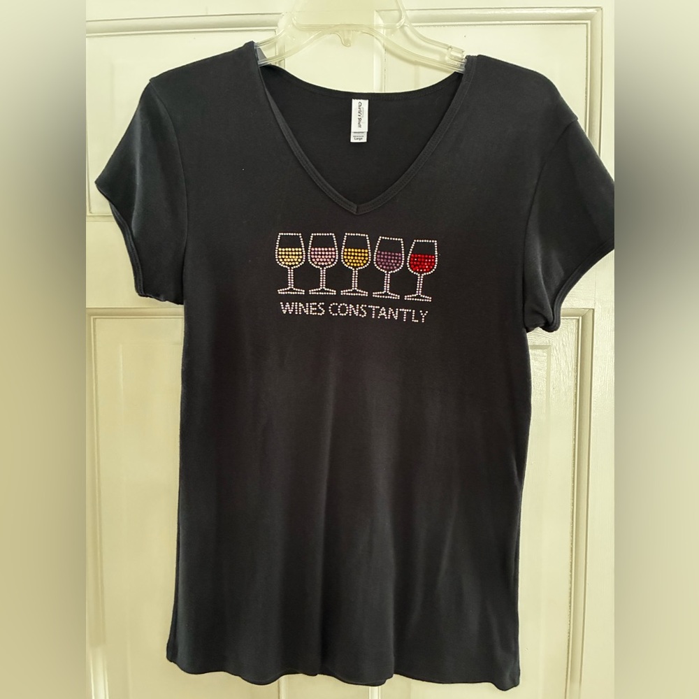 “Wines Constantly “ Black V-Neck T-Shirt with Rhinestoned Wine Glasses Design